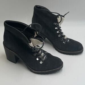 Dolce Vita Booties Post Faux Shearling Trim Suede Navy Blue Block Heel Size 8.5